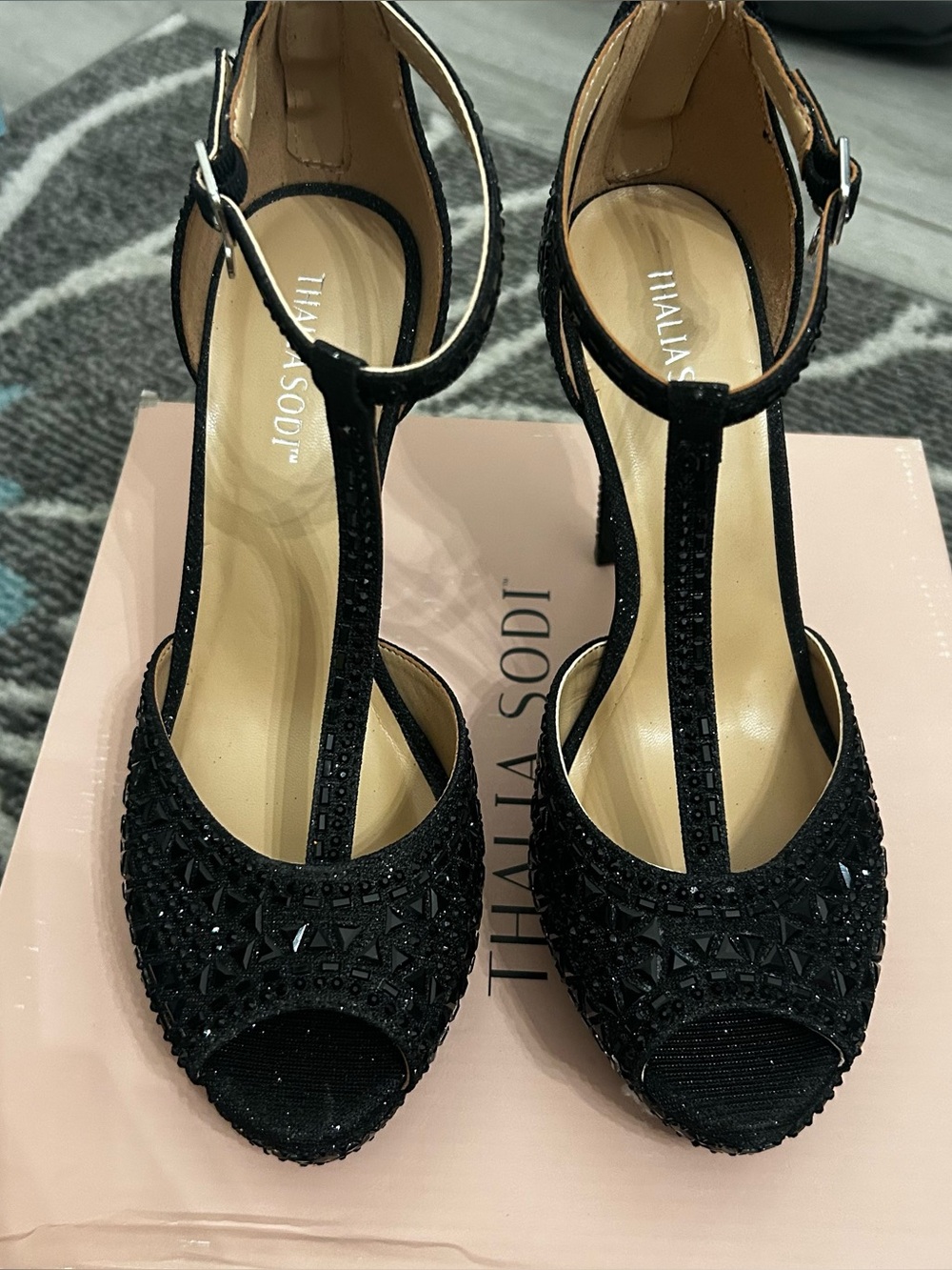 THALIA SODI Black Embellished T‑Strap Peep Toe Heels Size 8.5